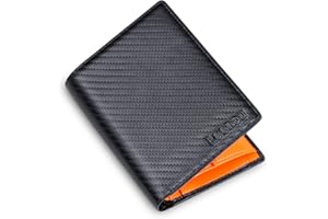 Leenou Portafoglio Uomo Slim, Blocco RFID Portafoglio, Portafogli Uomo Pelle Carbonio con Tasca Portamonete, 10 Porta Carte di Credito, 2 Scomparti Banconote, Finestra ID, Nero e Arancione