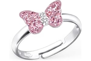 GOLDENE HUFEISEN GH Kids Small Pink Crystal Butterfly Ring 925 Genuine Silver Girls Children Gift Idea/Adjustable