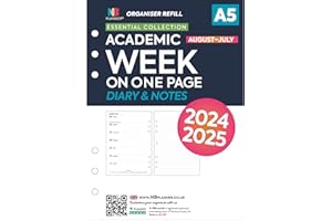 NBPLANNER Academic 2024-2025 Week on one page diary with lined notes page 6-Ring Organiser Refill Insert | A5 size | Monday Start | Filofax A5 Compatible (93845)