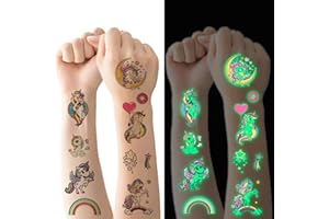Flyftrey Tatuaggi Temporanei per Bambini, 10 Fogli Luminous Adesivi Tatuaggi Finti, Tatuaggio Set de Temi Unicorno, Ragazzo Ragazza Compleanno Festa Giochi Regalini Giocattoli
