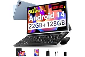 DEERTIME 2025 Newest Tablet Android 14 Tablet PC 10.1 Pollici, 22GB RAM+128GB ROM(TF 2TB), Octa Core 2.0Ghz/5G+2.4G WiFi/8000mAh/Widevine L1/BT5.0/8MP+5MP/GPS/Widgets/GMS Tablet con Tastiera e Mouse - Grigio