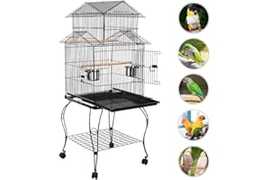 Yaheetech Cage Oiseaux avec Toiture Triple-A Cage sur roulettes avec Support Détachable pour Grosse Perruche à Collier/Conures Veuve/Conure à Joues Vertes/Calopsitte Inséparable/Conures Soleil