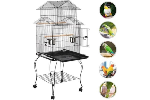 Yaheetech Cage Oiseaux avec Toiture Triple-A Cage sur roulettes avec Support Détachable pour Grosse Perruche à Collier/Conure Veuve/Conure à Joues Vertes/Calopsitte Inséparable/Conure Soleil