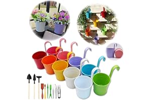 GIOVARA Juego de 10 Jarrones de Flores de Metal Florero para Colgar Canasta con Herramientas de Jardinería, Gancho Desmontable,sin Orificio de Drenaje,Balcón Jardín Decoración