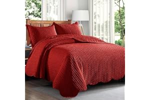 Trendy Realm Quilt Mono Bedspread 3 Pieces Set – Coverless Quilted Leaf Motif Bedspread, Comforter Throw, Summer and All-Season Lightweight Bedding Sets, with 2 Pillow Shams (Double, Red)