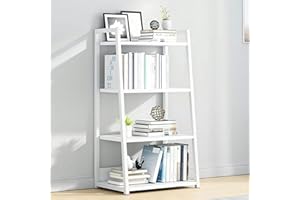 IOTXY Weißes 4-Regalböden Offenes Bücherregal - Metall-Holz-Bücherständer-Regal, Leiter-bücherbord, Open Shelf Bookcase, Bookshelf