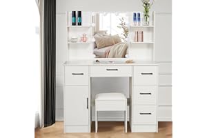 TEOUSEV Big Dressing Table with Mirror and Stool, Vanity Desk set with Drawers and Lights Adjustable Brightness, Modern Makeup Desk with Mirror, Drawers and Storage Shelves, White