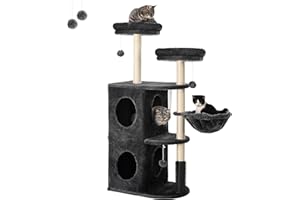 FourFurPets Kratzbaum 132 cm hoch, Katzenkratzbaum, mit 2 Höhlen, 2 Plattformen, Korb, Plüschbälle, Rauchgrau