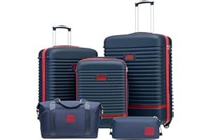 COOLIFE Suitcase Trolley Carry On Hand Cabin Luggage Hard Shell Travel Bag Lightweight with TSA Lock,The Suitcase Included 1pcs Travel Bag and 1pcs Toiletry Bag (Blue/Red, 5 Piece Set)