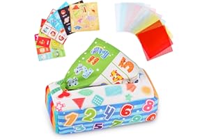 Vicloon Baby Tissue Box Toy, Soft Stuffed High Contrast Crinkle Montessori Square Sensory Toys include Colorful Scarves, Montessori Sensory Early Learning Toys for 6-24 Months Babies