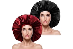 ACEHOME Large Silky Satin Bonnet with Wide Elastic Band, Soft Sleeping Cap Night Hat Big Hair Bonnets Head Cover for Women Curly Natural Long Hair (Black & Red)
