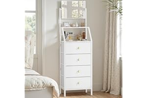 OYRREU Cassettiera Alta con Specchio Regolabile e 4 Cassetti in Tessuto, Mobile Salvaspazio per Camera da Letto, Ingresso, Corridoio, Soggiorno, Bianco