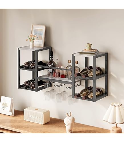 Todeco Wall Mounted Wine Rack with 7 Handle Glass Holder, 3 Tier Rustic Wooden Wine Storage Shelf, 50cm Metal Frame Wine Bottle Glass Rack for Kitchen, Bar or Home Todeco Wall Mounted Wine Rack with 7 Handle Glass Holder, 3 Tier Rustic Wooden Wine Storage Shelf, 50cm Metal Frame Wine Bottle Glass Rack for Kitchen, Bar or Home