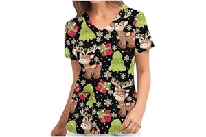 thuthu Weihnachten Kasacks Damen Pflege Bunt Motiv Kittel Damen Berufskleidung Kurzarm V-Ausschnitt Krankenschwester Kostüm Mit Taschen Laborkittel Berufsbekleidung Damen - Kasack - Tunika