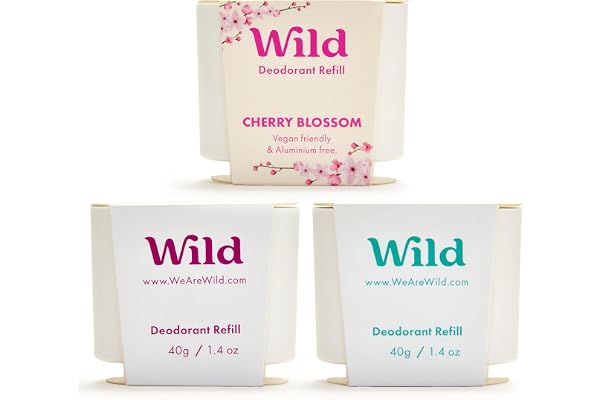 Wild - Déodorant Naturel Rechargeable - Sans Aluminium - Lot Varié de Recharge - Comprend Fresh Cotton & Sea Salt, Cherry Blossom et Coconut & Vanilla - Protection longue durée