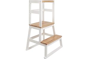 ‎BOMI BOMI® Swubi Montessori Lernturm ab 1 Jahr | Sicherer Tritthocker Kinder 2 Stufen | Learning Tower für Kind & Baby aus Holz | Schemel, Lernstuhl als Stehhilfe, Tritthocker Holz, Kinderhocker Weiß Natur
