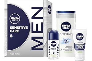 ‎NIVEA MEN NIVEA MEN Sensitive Care Geschenkset, Pflegeset mit Pflegeprodukten für sensible Haut, Geschenkbox mit Pflegedusche, Gesichtspflege Creme und Deo für Herren