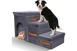 Zvonema Hundetreppe 3 Stufen, breiteren Haustiertreppe mit Stauraum, Faltbare Hundetreppe für Kleine Hunde bis 40kg, rutschfeste Hunderampe für Sofa, Bett, Auto, ältere Hunde & Katzen-78x34x45cm