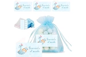 Dolplp! 50pz Sacchetti Blu Nascita Bomboniere Confetti+50pz Bigliettini Benvenuto al Mondo+100pz Sacchetti Plastica Portaconfetti Addobbi Decorazione Regalo Nascita Battesimo Feste Bambino Bimbo