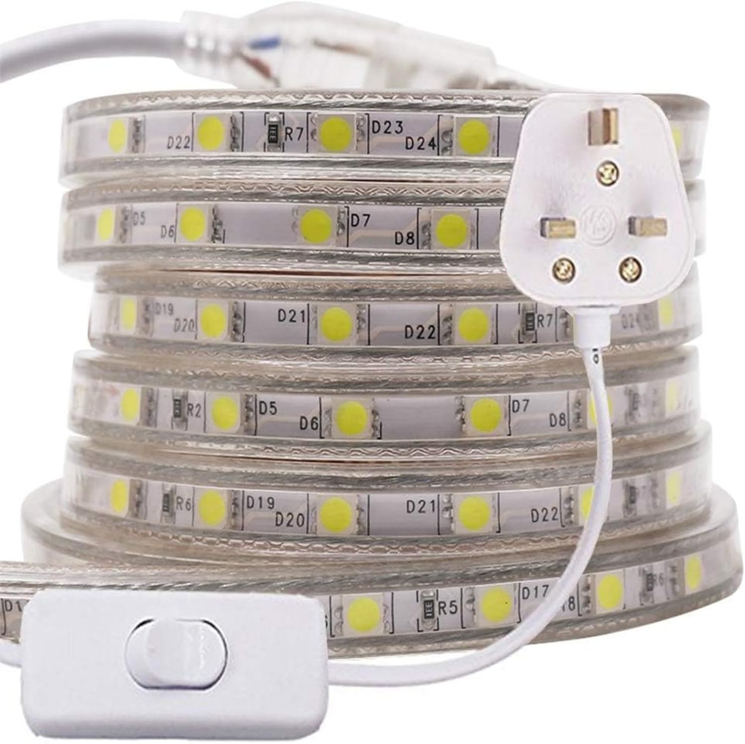 GQL 2m 5050 LED Strip Warm White with Switch (80cm Cable), Mains Powered SMD 60LEDs/m Commercial Rope Light, IP65 Waterproof for Indoor/Outside Decoration UK Plug Supply