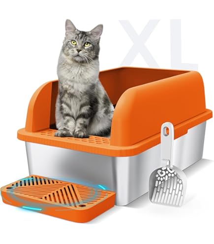 Kattenbak van Roestvrij Staal met Deksel, Metalen Kattenbak met Zij-ingang en Hoge Zijwanden, Metalen Kattenbak voor Kleine Middelgrote Katten, Inclusief Kattenbakschep (Klein Kattenbak van Roestvrij Staal met Deksel, Metalen Kattenbak met Zij-ingang en Hoge Zijwanden, Metalen Kattenbak voor Kleine Middelgrote Katten, Inclusief Kattenbakschep (Klein