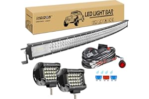 RIGIDON 50 Pouces 127 cm 648W incurvée barre de led 4x4 avec 12v faisceau de câblage kit, 2 x 4 Pouces 60W phare de travail led, Barre lumineuse led pour offroad Véhicules Voiture camions ATV tracteur