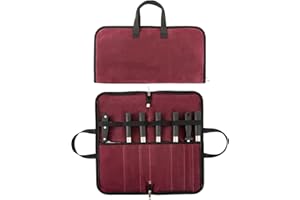 HYUXNT Chefs Knife Roll Bag, 16OZ Waxed Canvas Knife Bag, Portable 7 Slots Knife Case, Multi-Function Cutlery Knives Pouch Holder Knife Wrap Wallet Storage Bag for Home Kitchen Traveling Camping (Wine Red)
