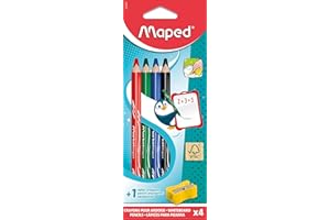 MAPED - 4 Crayons de Couleur pour Ardoise Marker'peps Wood + Taille-Crayons - Format Jumbo, Corps Triangulaire - Mine Grasse, Bis FSC - Effaçables à Sec - 4 Couleurs Assorties