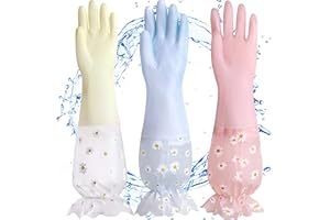 XFLYP 3 Pares PVC Guantes de Lavado sin Látex, Forro de Algodón, Brazo Largo, Reutilizable para Lavar Platos Limpieza de la Cocina Hogar,Coche, Baño (Amarillo + Rosa + Azul)