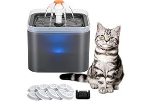 XINGGANG Fontanna dla kotów, 2 l, ultralekka fontanna dla kotów, świetlówka LED, fontanna do picia dla psów, z filtrem z węglem aktywnym i pompą wodną (szara)