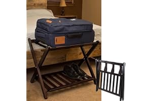 bimiti Luggage Stand Folding Suitcase Rack 2-Tier Bamboo Luggage Rack Holder for Bedroom Home Hotel Bedroom Guest Room, Suitcase Storage, 4 Black Straps, 68 X 40 X 58 CM, Black