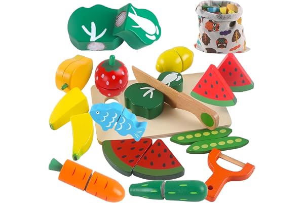 huruirui Jouet de Cuisine en Bois - Ensemble Couper Fruit et Legumes pour Enfants 2-5 Ans - Aliments et Accessoires - Cadeau Garçons et Filles