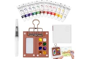 GENERIC Mini Watercolour Paint Set Travel, Pocket Watercolour Set, 12 Colors Mini Paint With 8 Grids Wooden Palette, Includes Sketchbook,Watercolor Pens,and Metal Clips, Suitable for Painting Enthusiasts