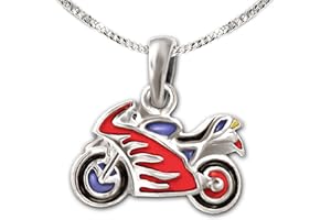 Clever Schmuck Parure de bijoux avec petit pendentif moto 12 x 7 mm vernis multicolore laqué et chaîne gourmette 38 cm en argent 925 pour enfant
