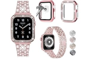JOHIPI 3-Pack Compatible With Apple Watch Band 38mm 40mm 41mm 42mm 44mm 45mm 49mm with Case, Bling Diamond Metal Strap with Diamond Case + Glass Screen Protective Cover For iWatch Series 9 8 SE 7 6 5 4 3 2 1