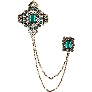 Mahi Victorian Style Artificial Pearl & Green Crystal Sherwani Brooch Pin with Hanging Chain for Men (BP1101193GGre)