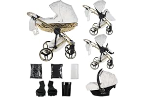 Junama Kinderwagen Diamond Heart 2in1 3in1 4in1 (01 - Weiß und Gold, 3in1 mit Autositz)