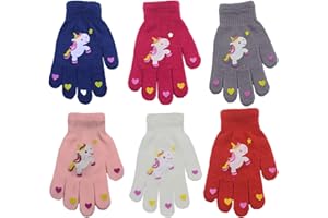 JUPSK Dziecięce rękawiczki zimowe dzianinowe kolorowe rękawiczki z jednorożcem magiczne pełne palec rękawiczki elastyczne ciepłe rękawiczki dla chłopców i dziewcząt, unisex, 4-9 lat, 6 par