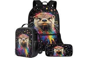 Wnbucioht Animal Otter School Backpack for Kids Boys Bookbag Large Schoolbags Set with Lunch Box Pencil Holder 3 Pcs Children Back to School Daypack Funny Otter Print Bookbags Set