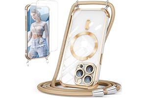 GOODVISH Handykette für iPhone 15 Pro Max Hülle mit Band, mit 2 Stück Schutzfolie, Necklace Handyhülle mit Kette für 15 Pro Max 6,7", Magnetisch Transparent Case 360° Schutz, Gold