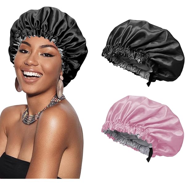 2 Stück Seidensatin-Schlafhauben Für Frauen - Schwarz & Rot, Verstellbar, Weiches Elastisches Band | Haarschutz Für Die Nacht, Anti-Frizz & Glänzendes Haar