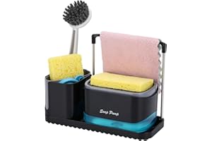 GINZER Dish Soap Dispenser with Tray for Kitchen Sink, Countertop Storage Organizer with Dishcloth Rack,Brush and Sponge Holder