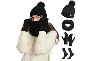 Smgbway Mütze Schal Handschuhe Sets, Damen Winter Warm Beanie Mütze Touchscreen Handschuhe und Lang Schal Set mit Dick Fleece Gefütterte, Thermo Strickmütze, Geschenk für Frauen