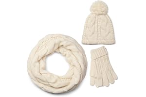 styleBREAKER Schal, Mütze und Handschuh Set, Zopfmuster Strickschal mit Bommelmütze und Handschuhe, Damen 01018208