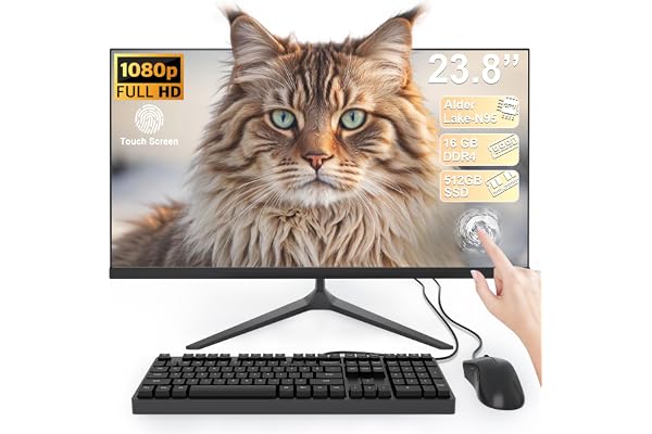 SUKOTOP PC Tout-en-Un avec écran Tactile Full HD de 23,8", processeur Alder Lake-N95, 16 Go de RAM et 512 Go SSD avec Wi-FI Double Bande, Bluetooth et Clavier Filaire avec Souris