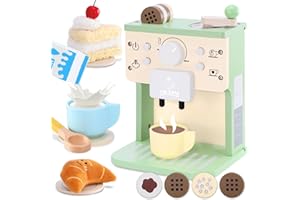 VBACALA Set de Juguetes de Cocina para Niños, Máquina de Café de Madera con Sonido y Botones, Accesorios de Cocina para Niños, Pastel y Croissant de Tela, Regalo adecuado para niños a partir de 3 años