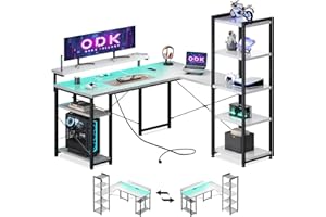 ODK Escritorio en L Escritorio Esquinero 137x140cm, Mesa de Trabajo Minimalista con LED & USB, Estanterías Modernas + Soporte Monitor, Ideal para Oficina y Hogar, Blanco