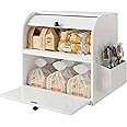 TQVAI Bread Box for Kitchen Countertop, Double Layer Bread Boxes, Bamboo Bread Storage Container with Silverware Holder - Assembly Required, White