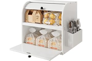 TQVAI Portapane Legno, Porta Pane da Cucina in Bambù Contenitore Grande 2 Ripian Capacità con Coperchio Arrotolabile Cestino per Posate, Bianco, 37,98 x 24,9 x 36,06CM(L*P*A)