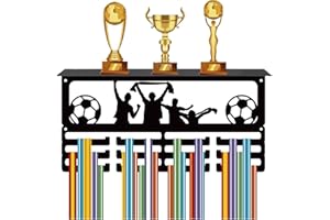 CREATCABIN Colgador Medallas Fútbol,Estante Trofeos,Soporte Medallas para Estante,Deportes,4 Fila,Soporte Pared para Colgar Metal,Soporte para Más 70 medallas Competición,Cinta Negro 40x20x10cm